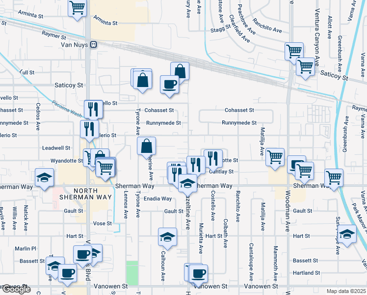 map of restaurants, bars, coffee shops, grocery stores, and more near 14111 West Monroe Place in Los Angeles