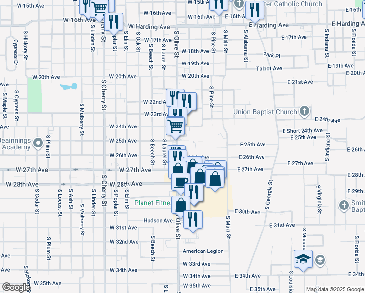 map of restaurants, bars, coffee shops, grocery stores, and more near 2505 South Olive Street in Pine Bluff