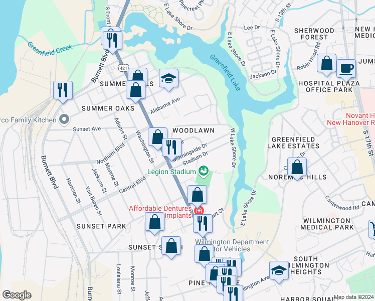 map of restaurants, bars, coffee shops, grocery stores, and more near 609 Morningside Drive in Wilmington