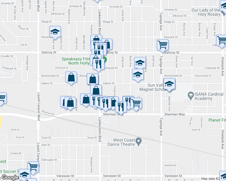 map of restaurants, bars, coffee shops, grocery stores, and more near 7333 Irvine Avenue in Los Angeles
