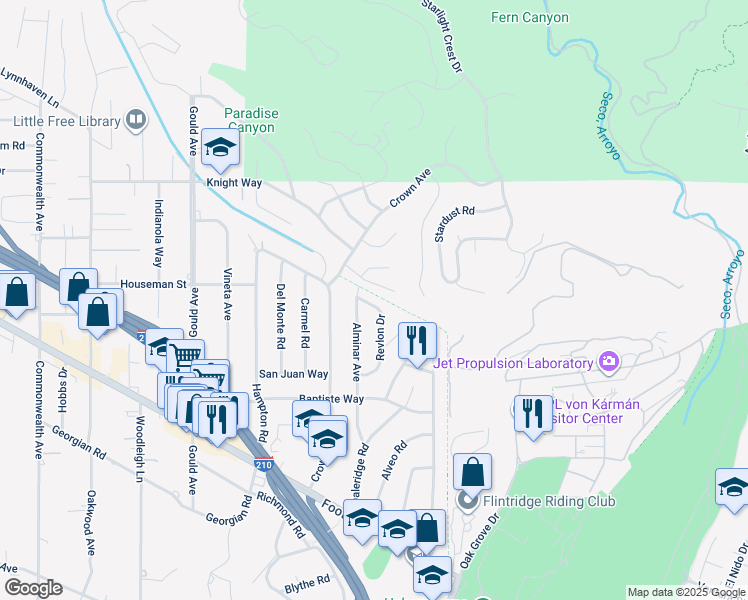map of restaurants, bars, coffee shops, grocery stores, and more near 4956 Revlon Drive in La Cañada Flintridge