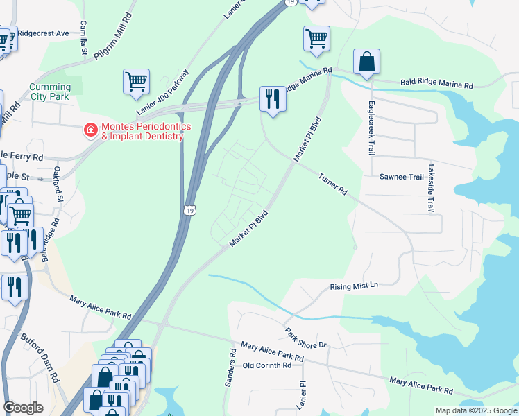 map of restaurants, bars, coffee shops, grocery stores, and more near 1239 Waterfall Court in Cumming