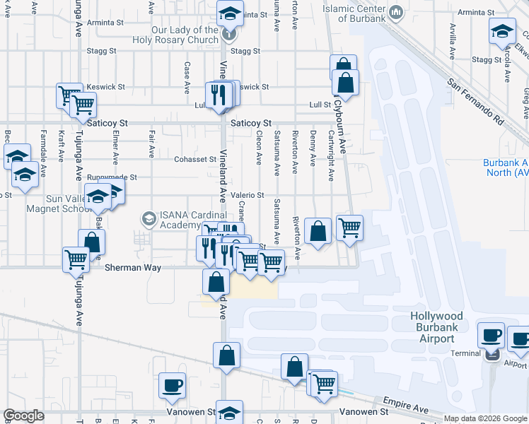 map of restaurants, bars, coffee shops, grocery stores, and more near 7354 Cleon Avenue in Los Angeles