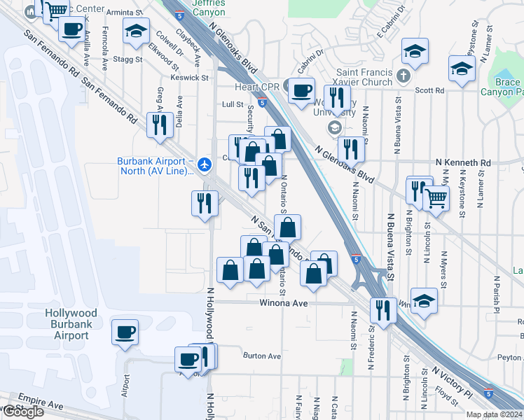 map of restaurants, bars, coffee shops, grocery stores, and more near 3041 N California St in Burbank