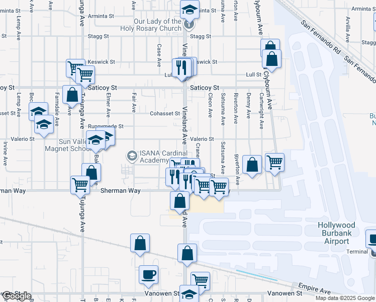 map of restaurants, bars, coffee shops, grocery stores, and more near 7355 Craner Avenue in Los Angeles