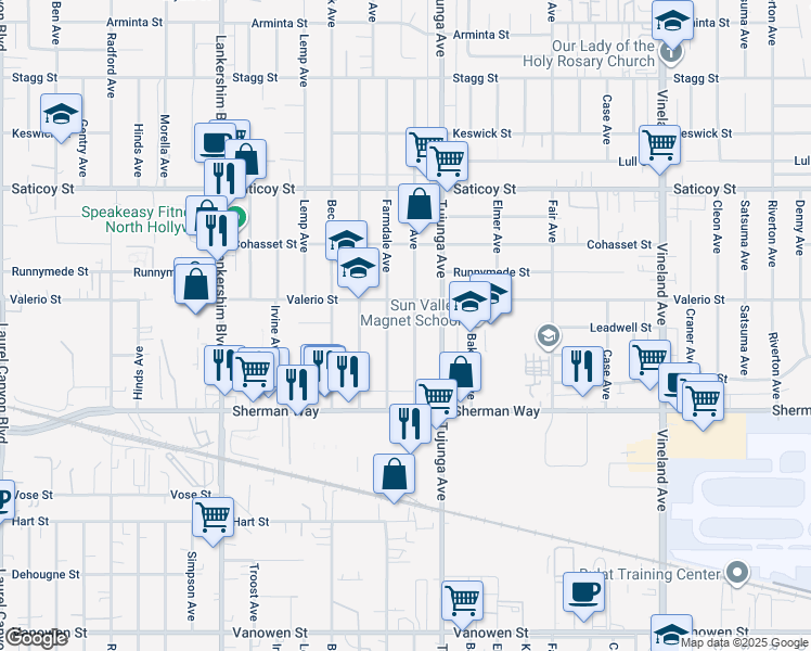 map of restaurants, bars, coffee shops, grocery stores, and more near 7352 Kraft Avenue in Los Angeles