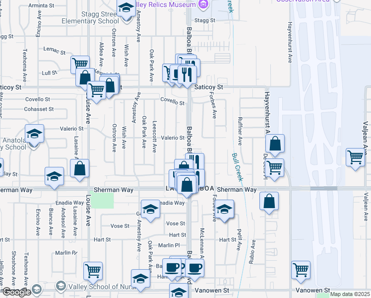 map of restaurants, bars, coffee shops, grocery stores, and more near 7355 Balboa Boulevard in Los Angeles