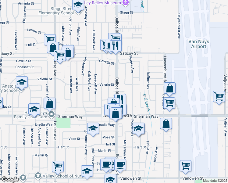 map of restaurants, bars, coffee shops, grocery stores, and more near 7355 Balboa Boulevard in Los Angeles