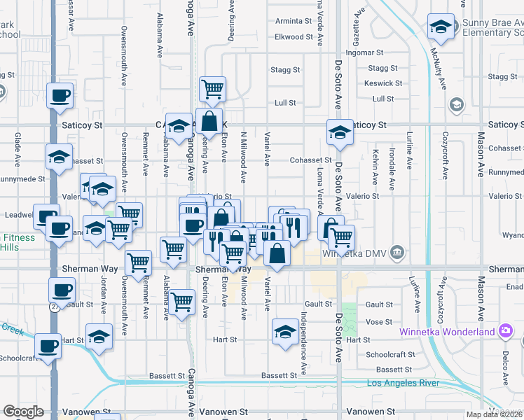 map of restaurants, bars, coffee shops, grocery stores, and more near 7 Valerio Street in Los Angeles