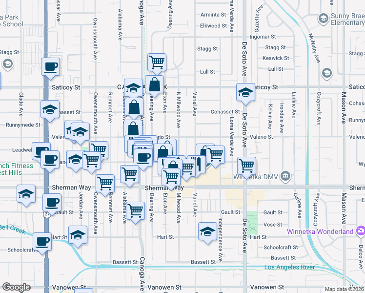 map of restaurants, bars, coffee shops, grocery stores, and more near 7357 Milwood Avenue in Los Angeles