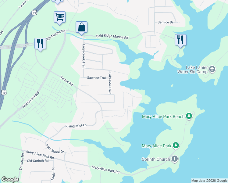 map of restaurants, bars, coffee shops, grocery stores, and more near 2615 Lakeside Trail in Cumming