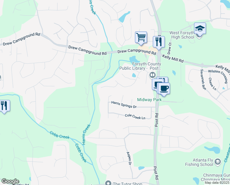 map of restaurants, bars, coffee shops, grocery stores, and more near 5650 Copper Creek Pass in Cumming
