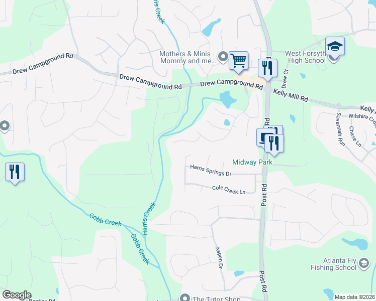 map of restaurants, bars, coffee shops, grocery stores, and more near 3965 Emerald Glade Court in Cumming