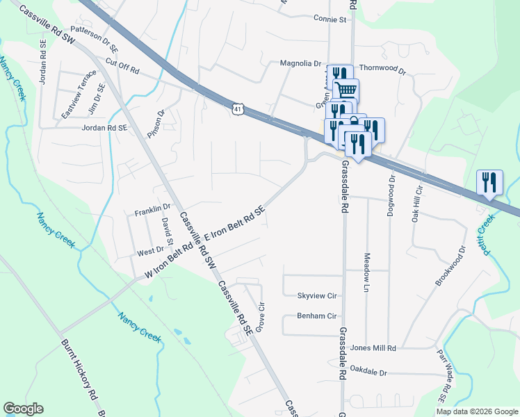 map of restaurants, bars, coffee shops, grocery stores, and more near 24 East Iron Belt Road Southeast in Cartersville
