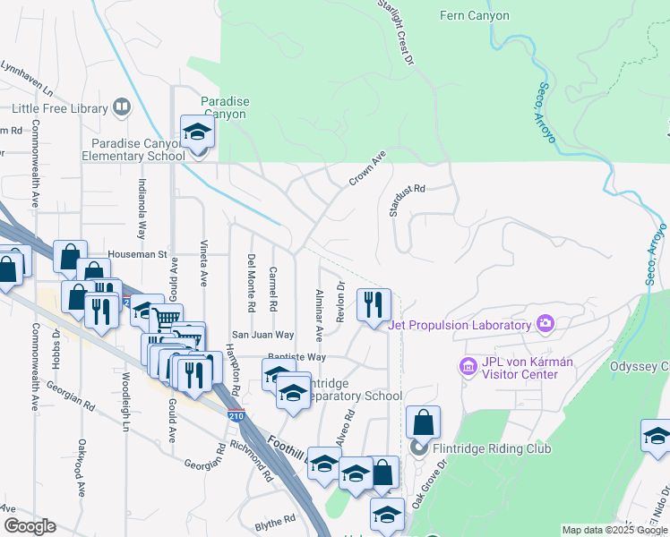 map of restaurants, bars, coffee shops, grocery stores, and more near 4956 Revlon Drive in La Cañada Flintridge