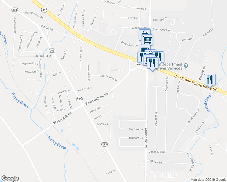 map of restaurants, bars, coffee shops, grocery stores, and more near 101 Iron Belt Court in Cartersville