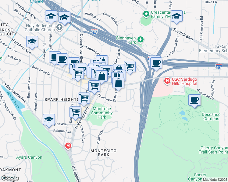 map of restaurants, bars, coffee shops, grocery stores, and more near 2114 North Verdugo Road in Glendale