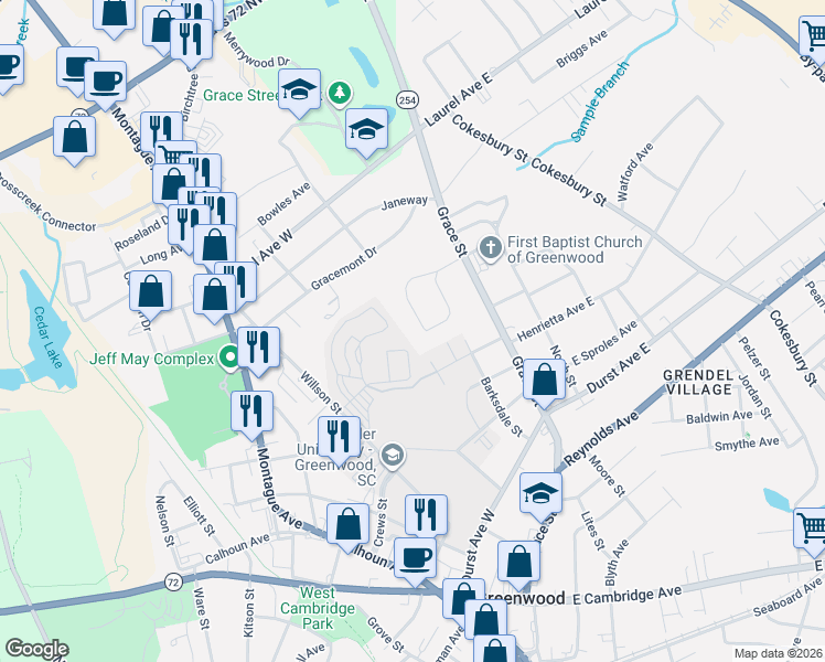map of restaurants, bars, coffee shops, grocery stores, and more near 121 Ridgewood Circle in Greenwood