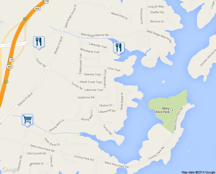 map of restaurants, bars, coffee shops, grocery stores, and more near 2615 Lakeside Trail in Cumming