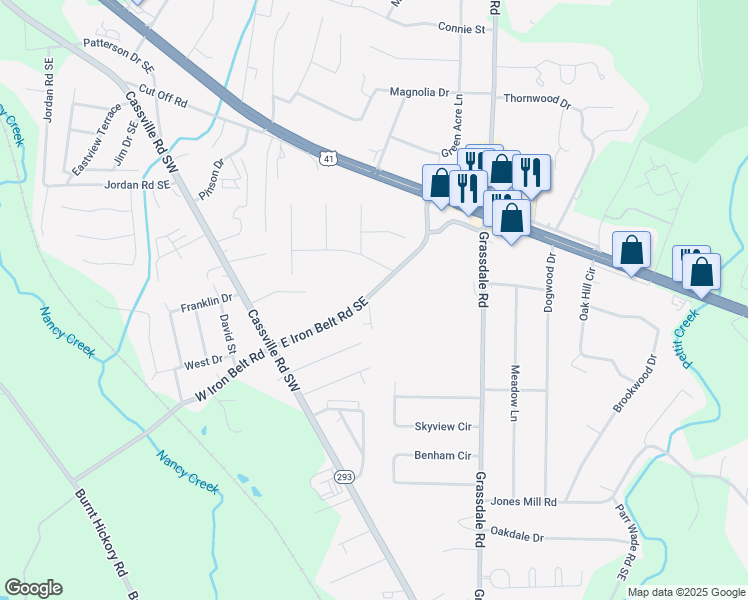 map of restaurants, bars, coffee shops, grocery stores, and more near 101 Iron Belt Court in Cartersville