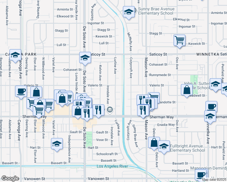 map of restaurants, bars, coffee shops, grocery stores, and more near 7339 Lurline Avenue in Los Angeles