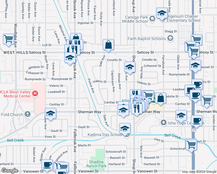 map of restaurants, bars, coffee shops, grocery stores, and more near 22557 Leadwell Street in Los Angeles