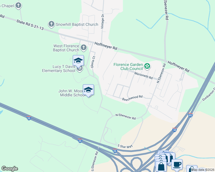 map of restaurants, bars, coffee shops, grocery stores, and more near 341 Wrenfield Road in Florence