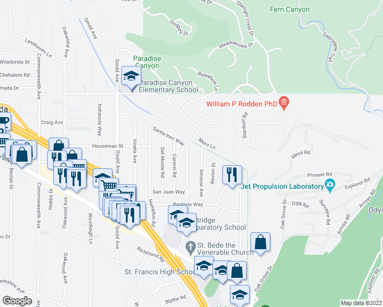 map of restaurants, bars, coffee shops, grocery stores, and more near 310 Santa Inez Way in La Cañada Flintridge