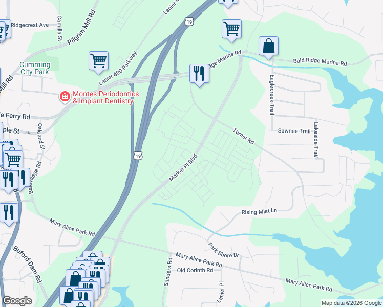 map of restaurants, bars, coffee shops, grocery stores, and more near Market Place Boulevard in Cumming
