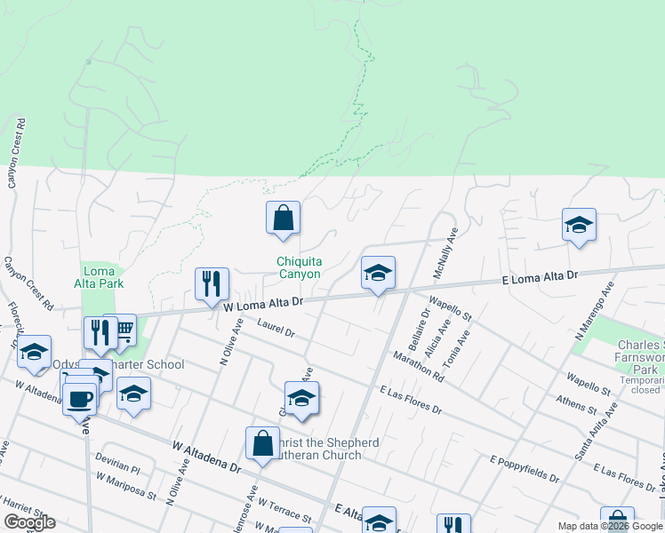 map of restaurants, bars, coffee shops, grocery stores, and more near 3558 Leilani Way in Altadena