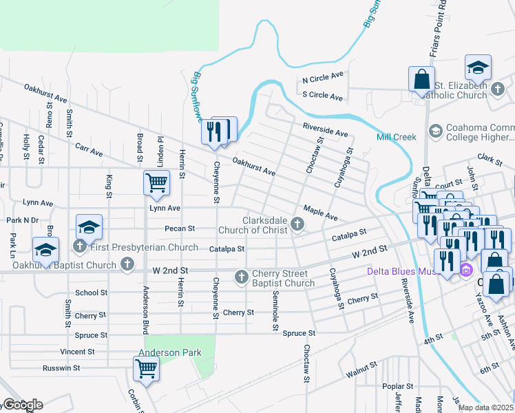 map of restaurants, bars, coffee shops, grocery stores, and more near 416 Maple Avenue in Clarksdale