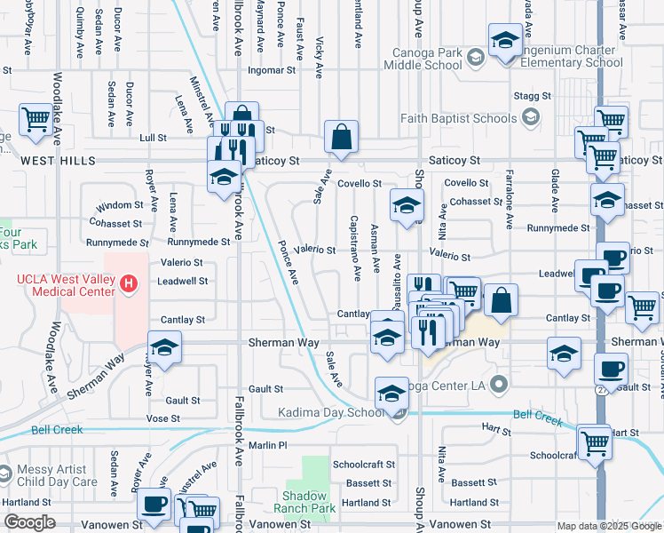 map of restaurants, bars, coffee shops, grocery stores, and more near 22567 Leadwell Street in Los Angeles