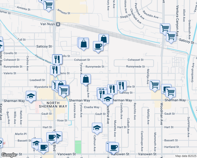 map of restaurants, bars, coffee shops, grocery stores, and more near 14137 Leadwell Street in Los Angeles