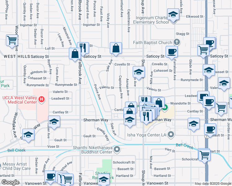 map of restaurants, bars, coffee shops, grocery stores, and more near 22557 Leadwell Street in Los Angeles