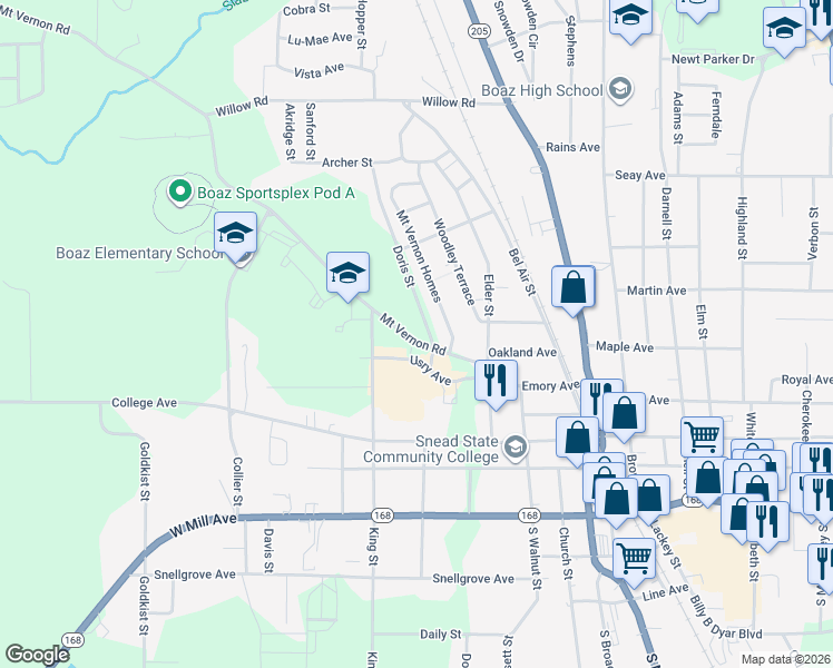 map of restaurants, bars, coffee shops, grocery stores, and more near 401 Mount Vernon Road in Boaz