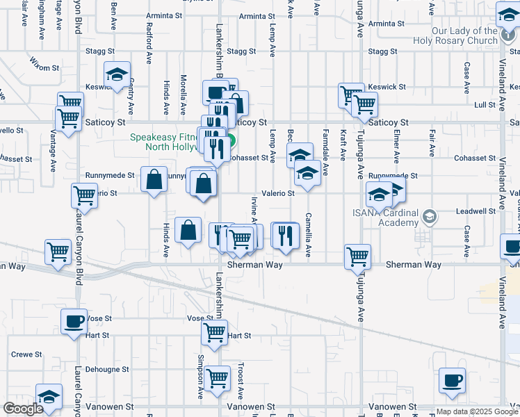 map of restaurants, bars, coffee shops, grocery stores, and more near 7353 Irvine Avenue in Los Angeles