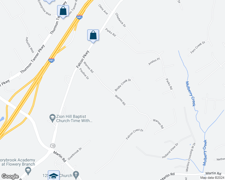 map of restaurants, bars, coffee shops, grocery stores, and more near 1001 Bridle Creek Drive in Flowery Branch