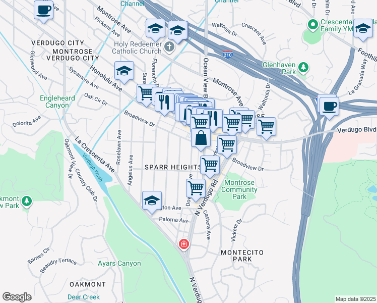 map of restaurants, bars, coffee shops, grocery stores, and more near 3537 Downing Avenue in Glendale