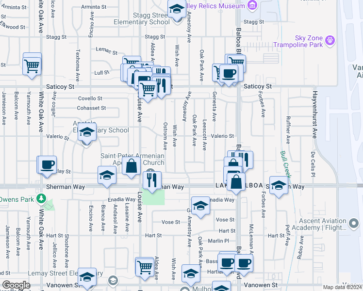 map of restaurants, bars, coffee shops, grocery stores, and more near 7341 Amestoy Avenue in Los Angeles