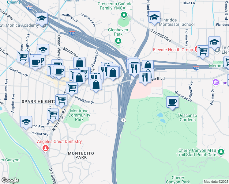 map of restaurants, bars, coffee shops, grocery stores, and more near in Glendale
