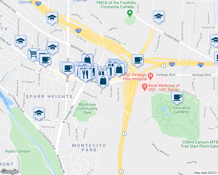 map of restaurants, bars, coffee shops, grocery stores, and more near 2060 Verdugo Boulevard in Glendale