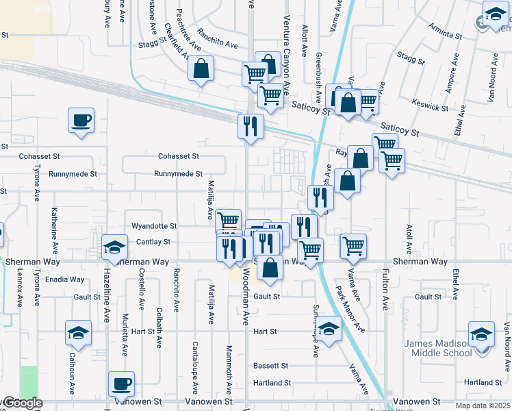 map of restaurants, bars, coffee shops, grocery stores, and more near 7346 Woodman Avenue in Los Angeles