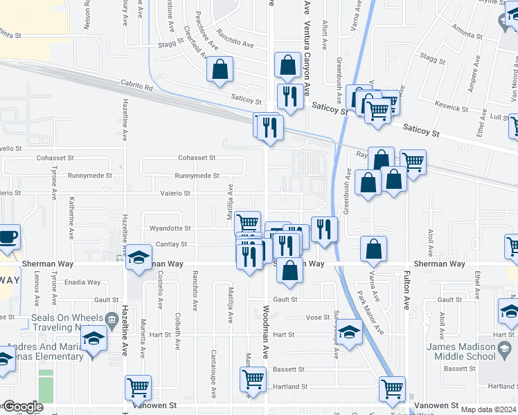 map of restaurants, bars, coffee shops, grocery stores, and more near 7346 Woodman Avenue in Los Angeles