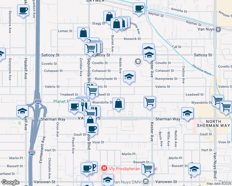 map of restaurants, bars, coffee shops, grocery stores, and more near 15116 Valerio Street in Los Angeles