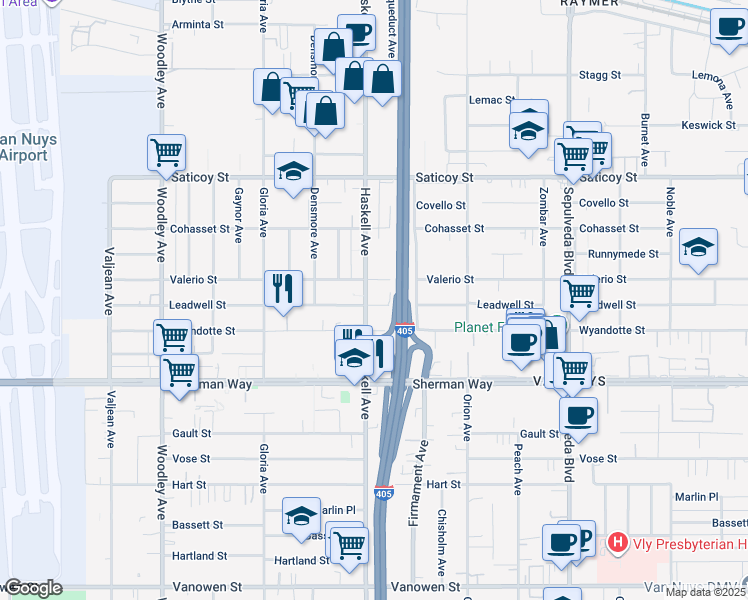 map of restaurants, bars, coffee shops, grocery stores, and more near 7356 Haskell Avenue in Los Angeles