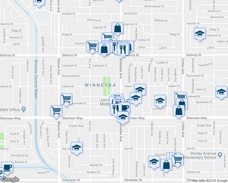map of restaurants, bars, coffee shops, grocery stores, and more near 20119 Leadwell Street in Los Angeles