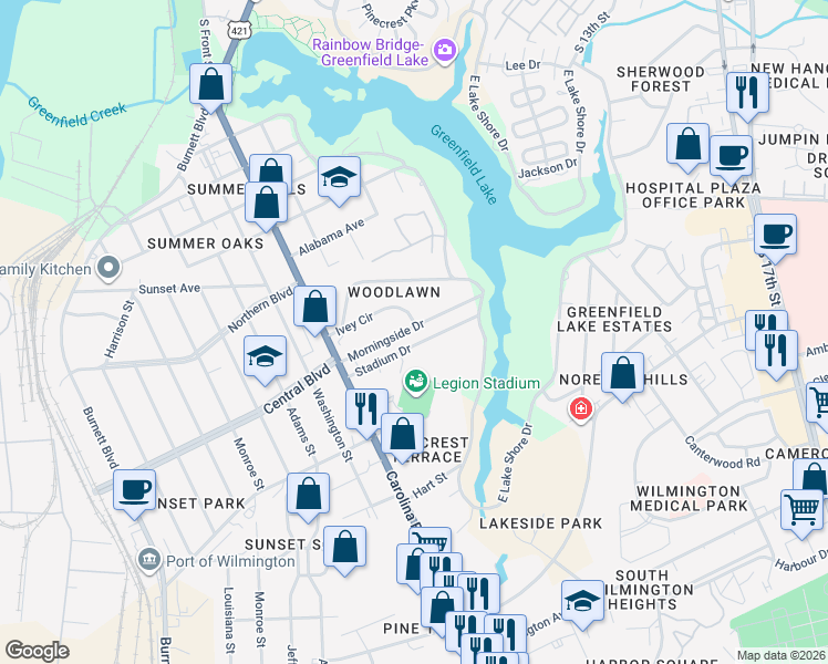 map of restaurants, bars, coffee shops, grocery stores, and more near 752 Ivey Circle in Wilmington