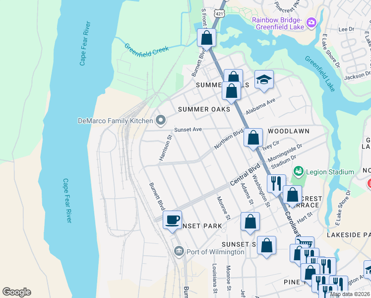 map of restaurants, bars, coffee shops, grocery stores, and more near 1928 Monroe Street in Wilmington