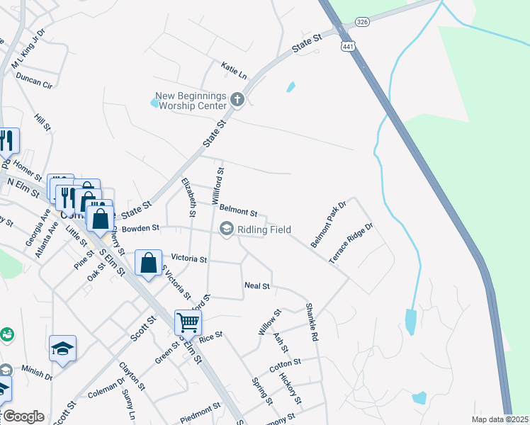 map of restaurants, bars, coffee shops, grocery stores, and more near Belmont Street in Commerce