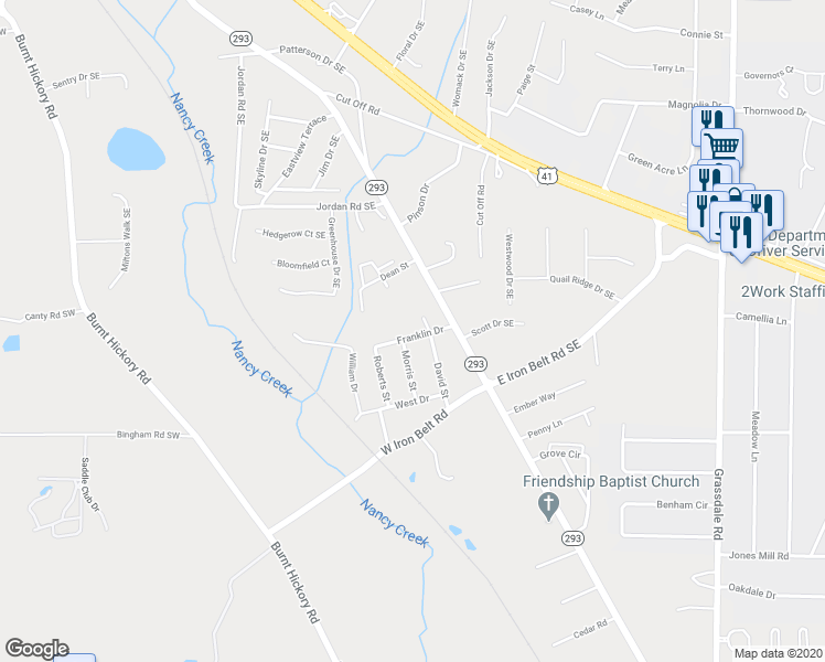 map of restaurants, bars, coffee shops, grocery stores, and more near 12 Franklin Drive in Cartersville